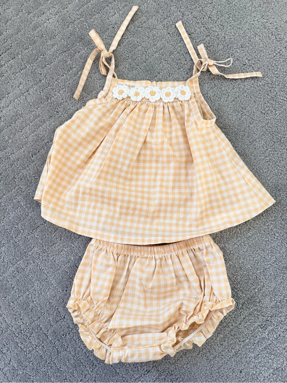 Yellow Gingham Daisy-Trim Tie-Strap Dress & Bloomers Set